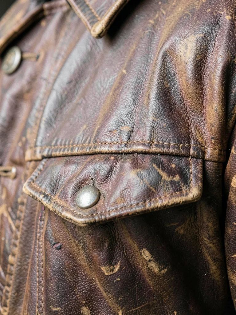 Old leather jacket showing worn soft patina of years