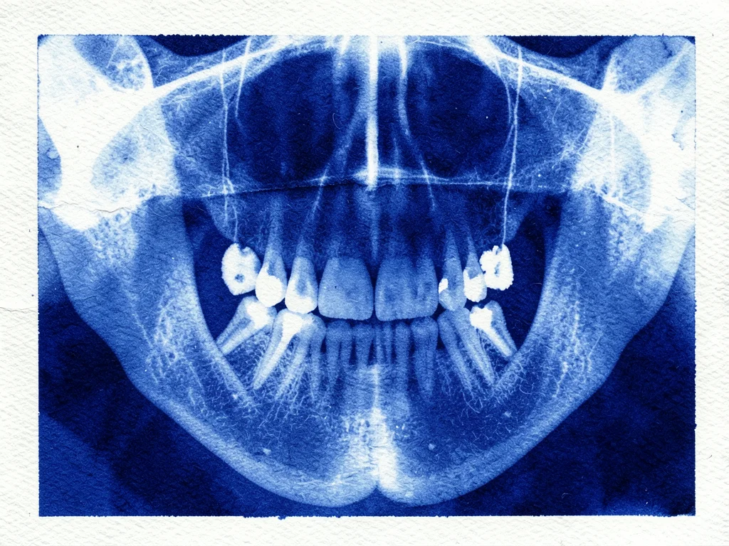 Dental x-ray panoramic aesthetic, full jaw with tooth roots visible in blue