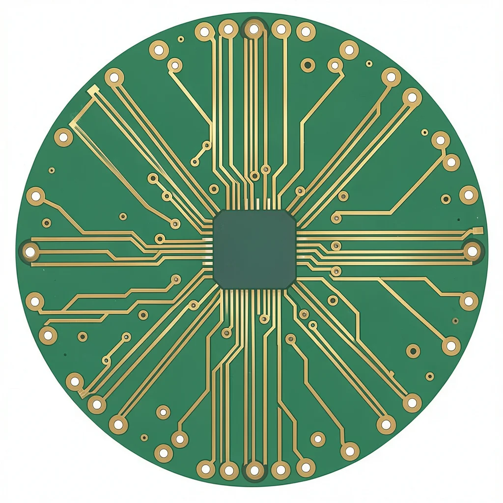 A circular PCB designed around a central chip — traces radiating outward like sp