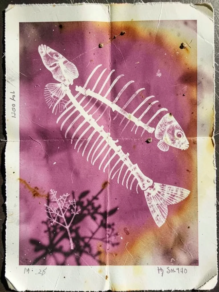 Fish skeleton laid on expired photo paper, bones creating white silhouette again