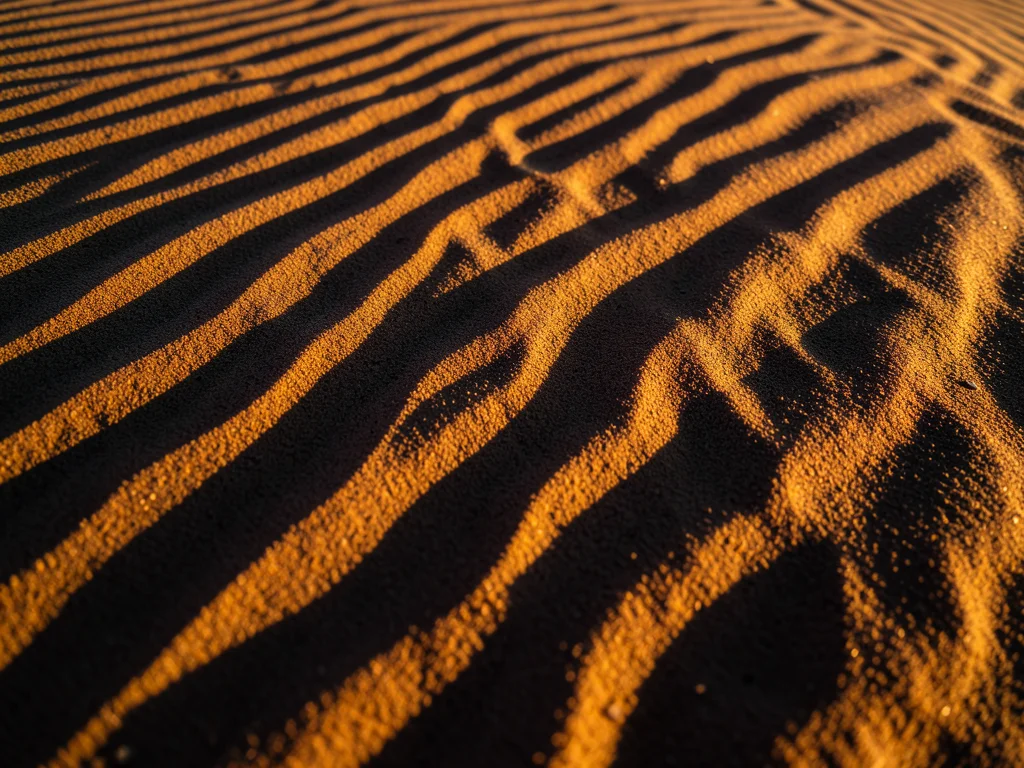 Wind ripples in fine desert sand, parallel ridges with sharp crests and gentle s