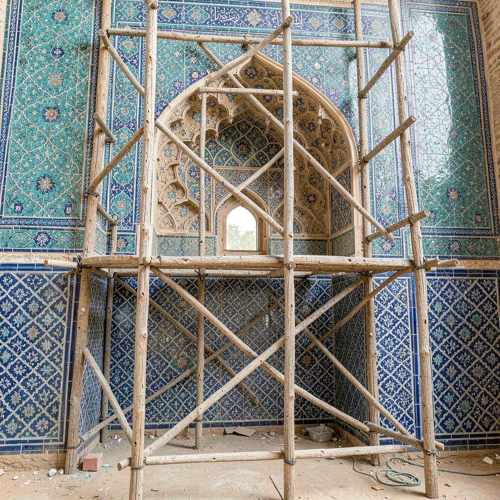 Isfahan Safavid tilework, turquoise geometric infinity, Old wooden scaffolding a