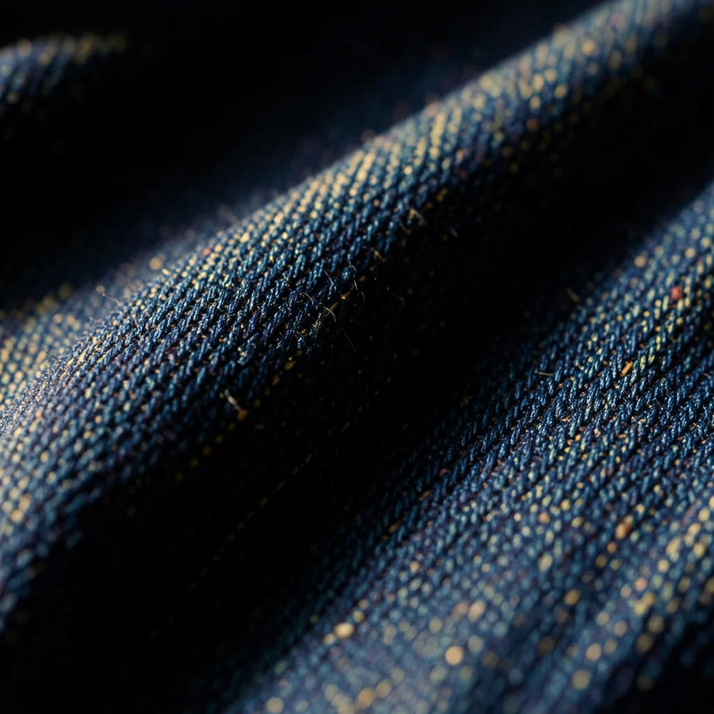 Denim fabric texture, indigo blue, diagonal twill weave visible