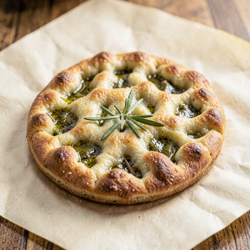 hand-pressed disc of olive-oil-and-rosemary focaccia with deep dimpled craters a