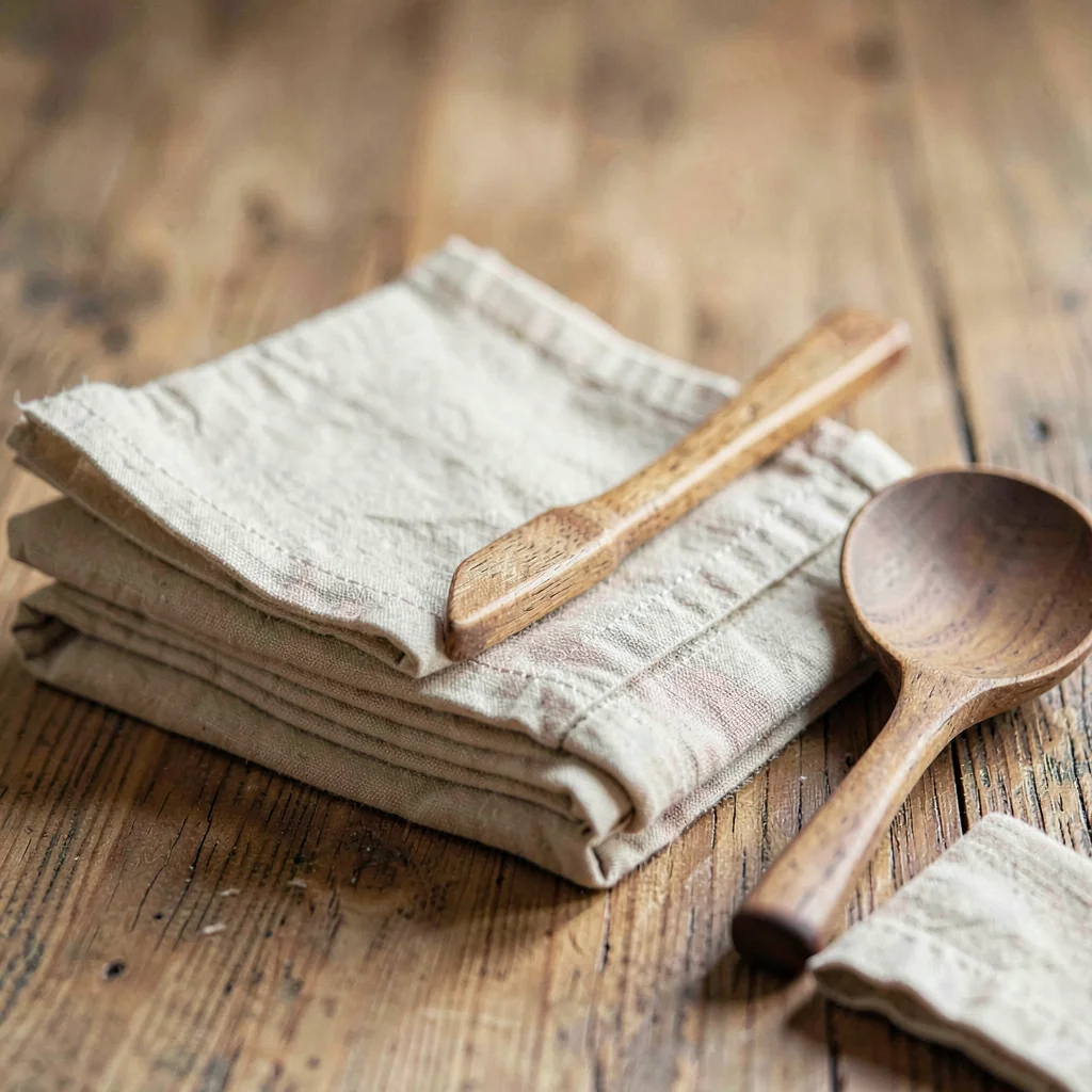 Still life of a stack of cloth napkins beside a wooden serving spoon