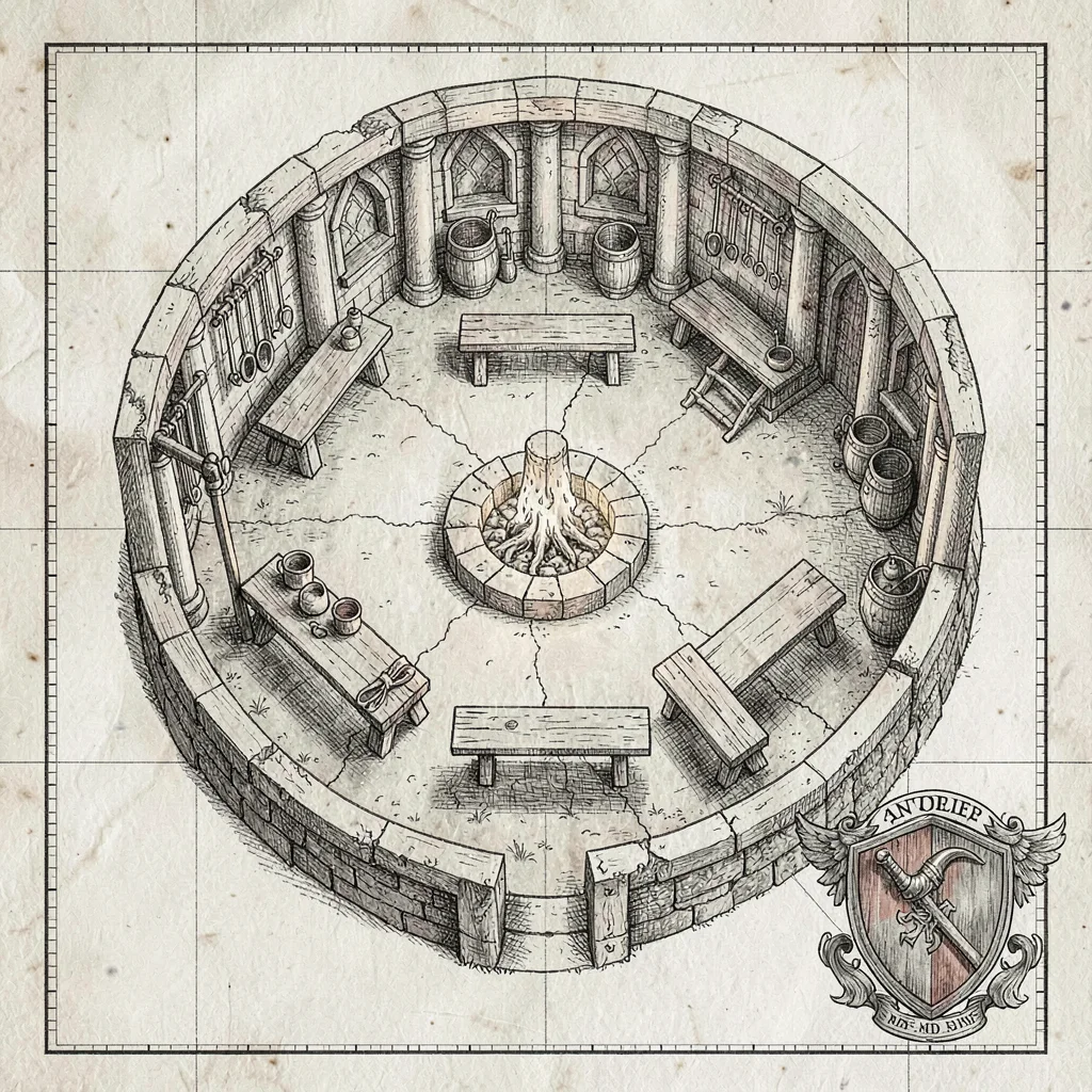 A Norse warrior-hall map with the great-hall hearth, drinking benches, weapon ra