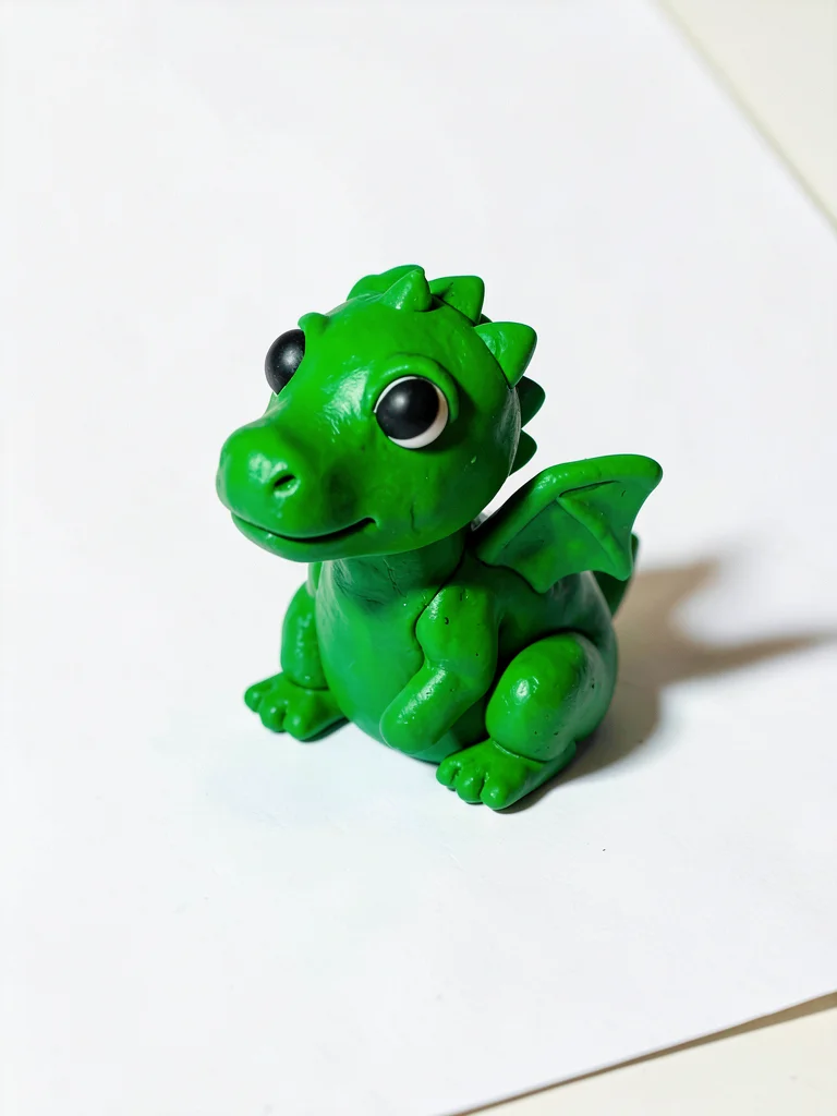 Round clay dragon mini in primary green sitting on its haunches, oversized eyes,
