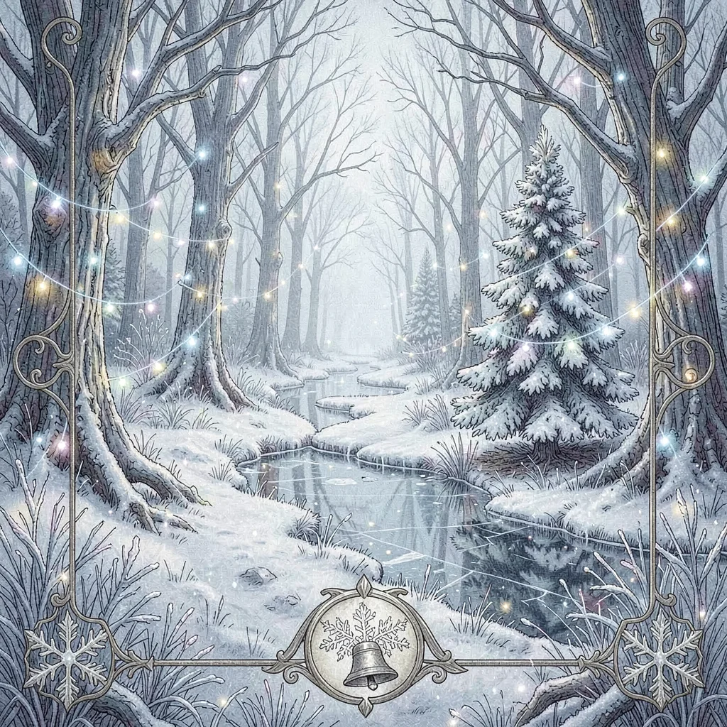 A fae-realm winter solstice path across a frosted forest with frost-fairy lights