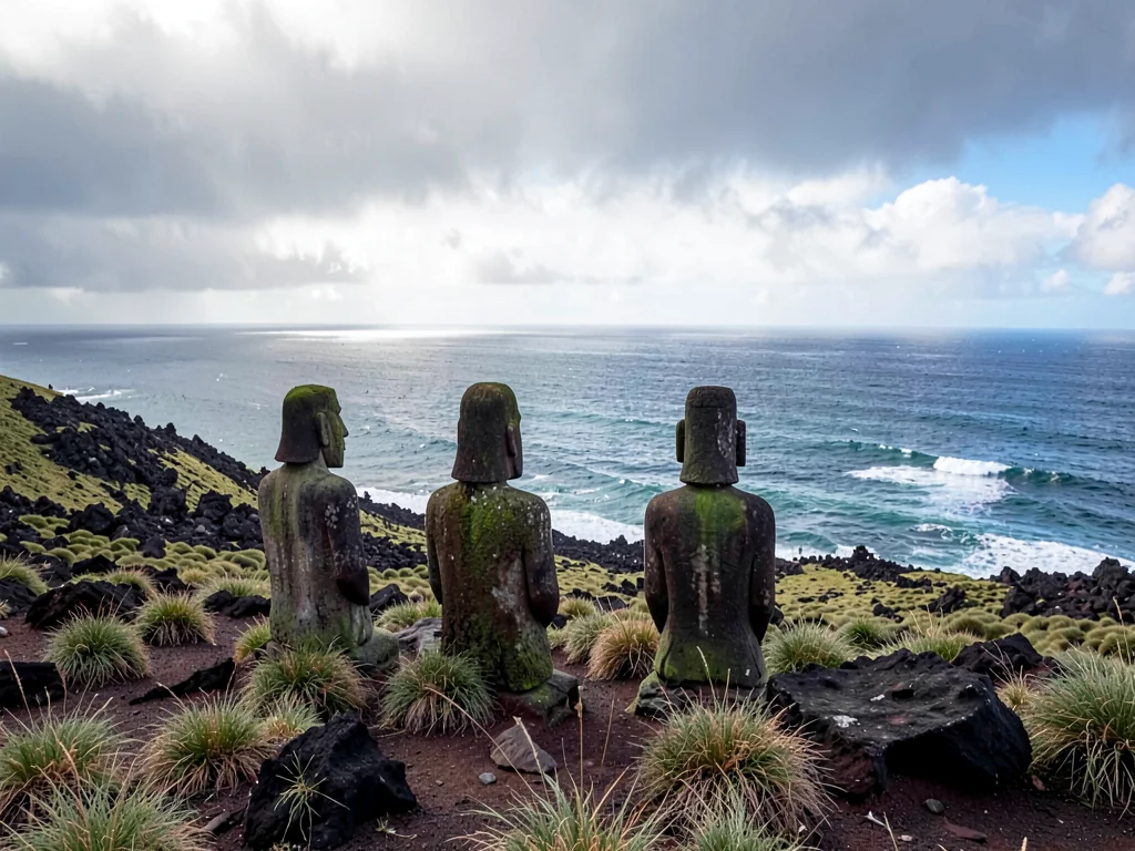 Edge-of-world isolation on Rapa Nui, Moai backs facing the ocean, just part of t