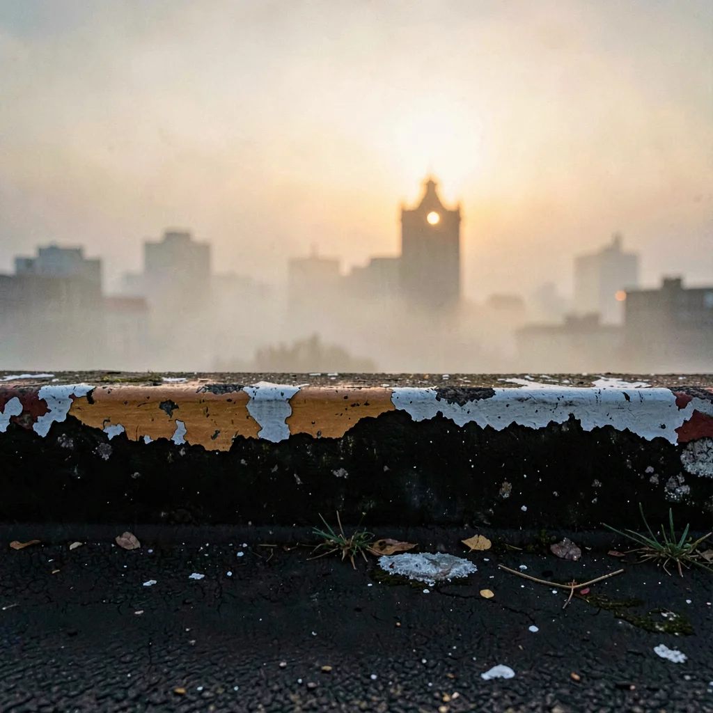 The parapet's painted lip flakes onto tar below as foggy dawn turns the distant 