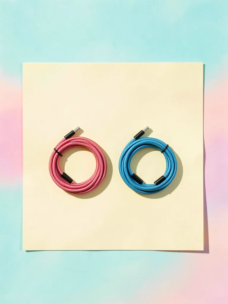 Overhead minimal study of two coiled phone-cord bracelets resting on a butter-ye