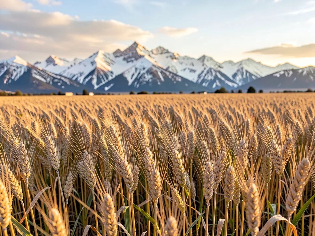 Young wheat with snow mountains beyond