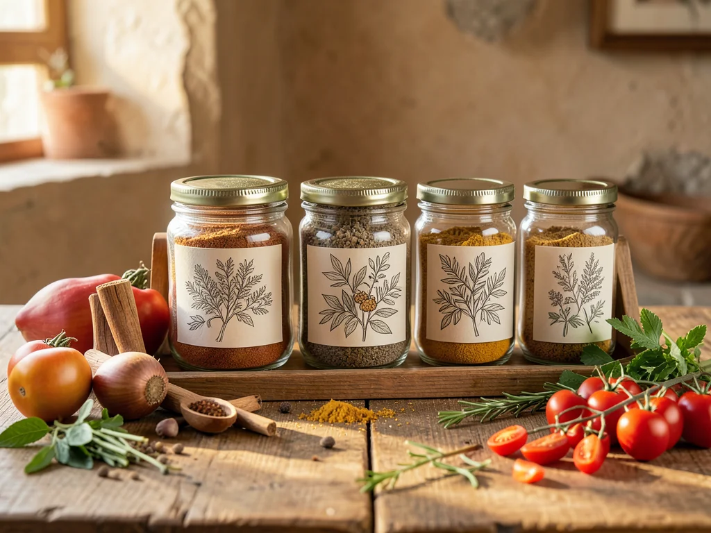 Spice rack photo where each jar has illustrated botanical origin drawing