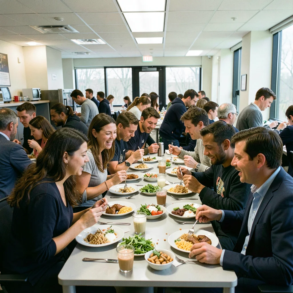 Office microwave line three people deep at 12:15pm