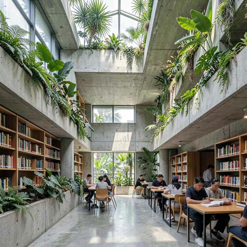 Singapore tropical modernism, green claiming grey, Modern library interior, conc