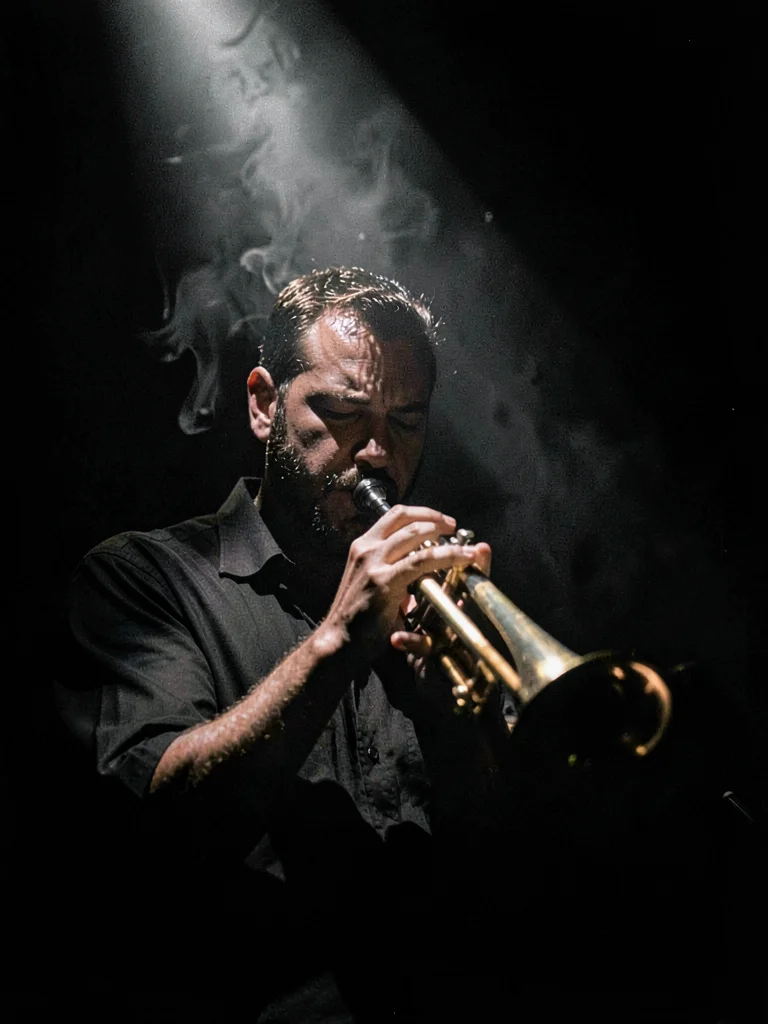 Trumpet player in spotlight, instrument catching hard light, face emerging parti