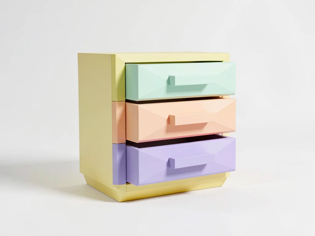 Three-drawer butter-yellow lowpoly dresser with chunky drawers in mint, peach, a