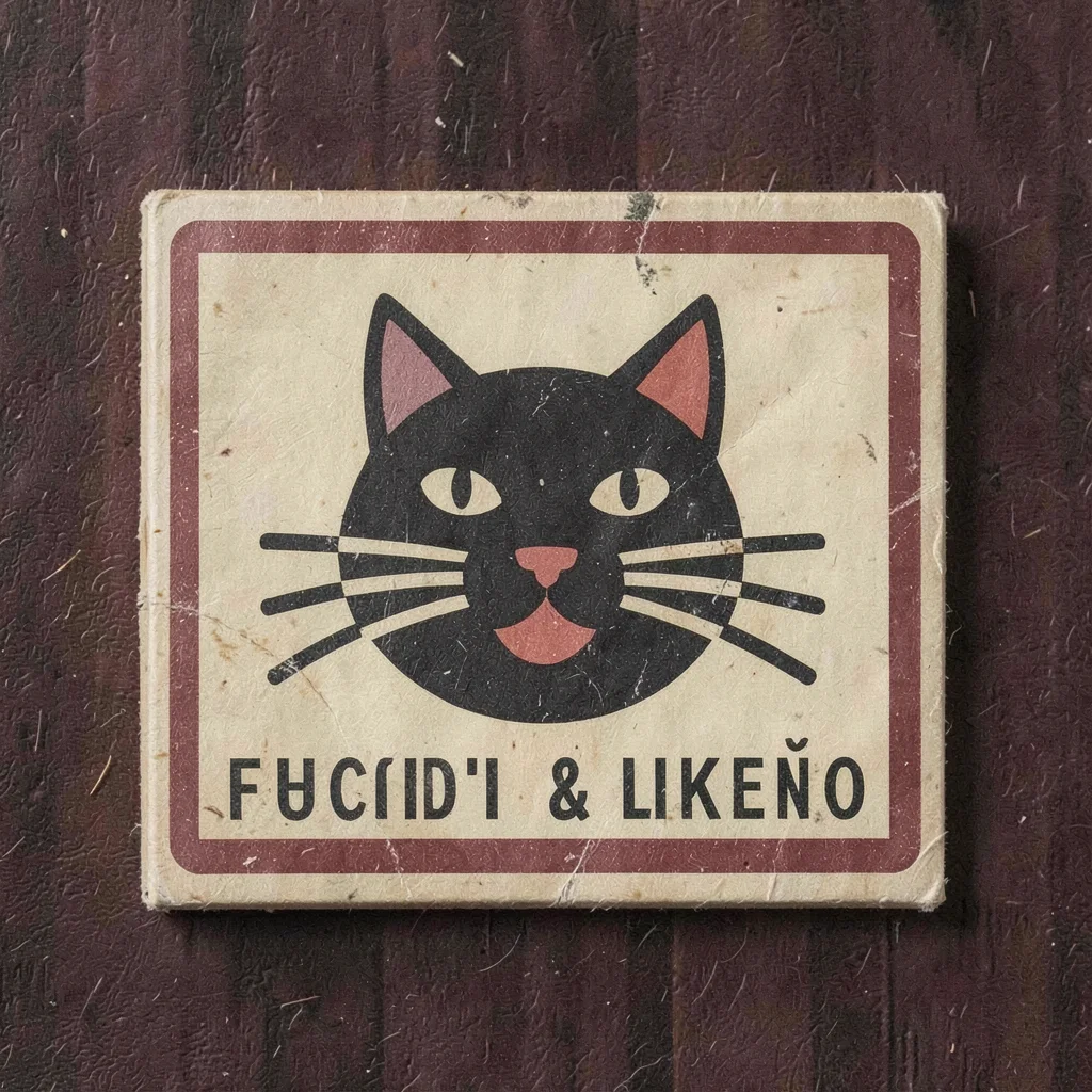 Czech matchbox label illustration, a cat silhouette with geometric whiskers , vi