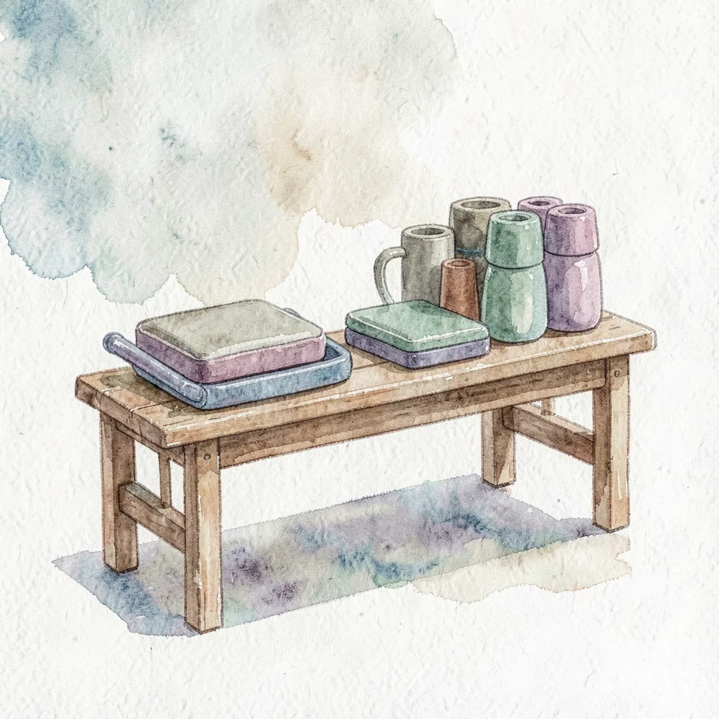 Watercolor of a wooden bench with neatly placed pilates props in muted dusty pas