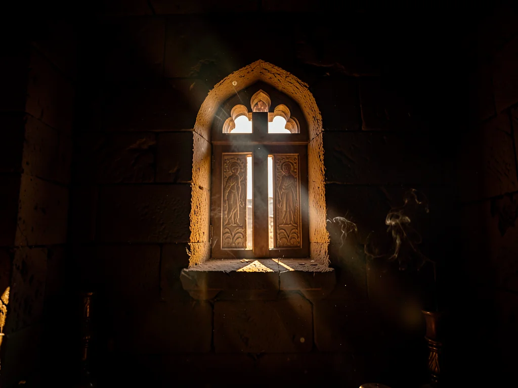 Dramatic light through darkness in Addis Ababa, Ethiopia, Stone-carved window in