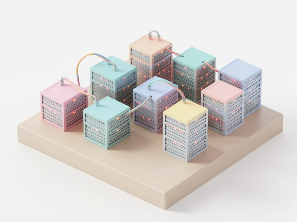 Isometric miniature city of stacked cube-shaped servers with glowing seams, tiny