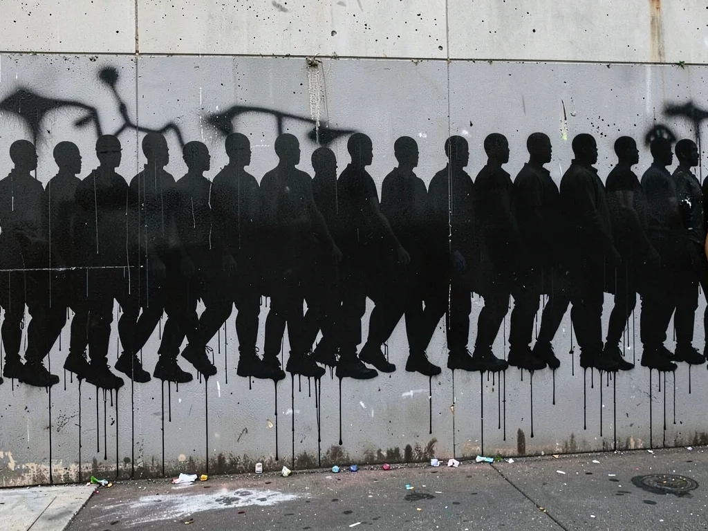 Crowd of faceless silhouette figures marching, repeated stencil across a long gr