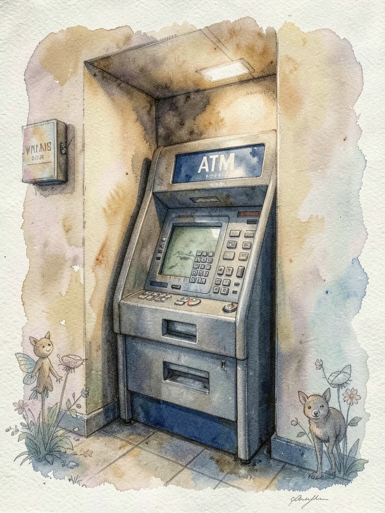ATM machine in strip mall alcove, keypad worn smooth, hand-tinted with visible b