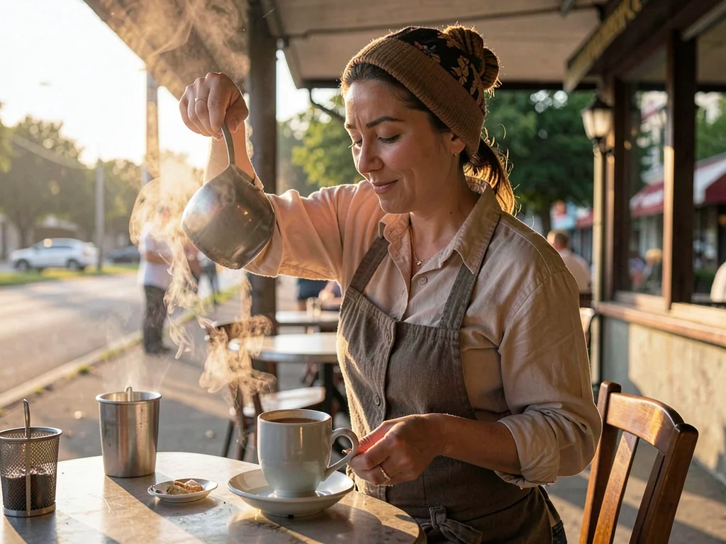 A roadside diner waitress pausing mid-pour, coffee steam catching dusty afternoo