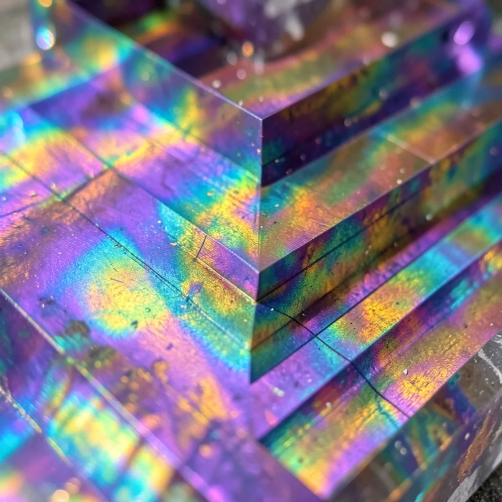 Oxidized bismuth crystal staircase pattern, iridescent purple-teal-gold interfer