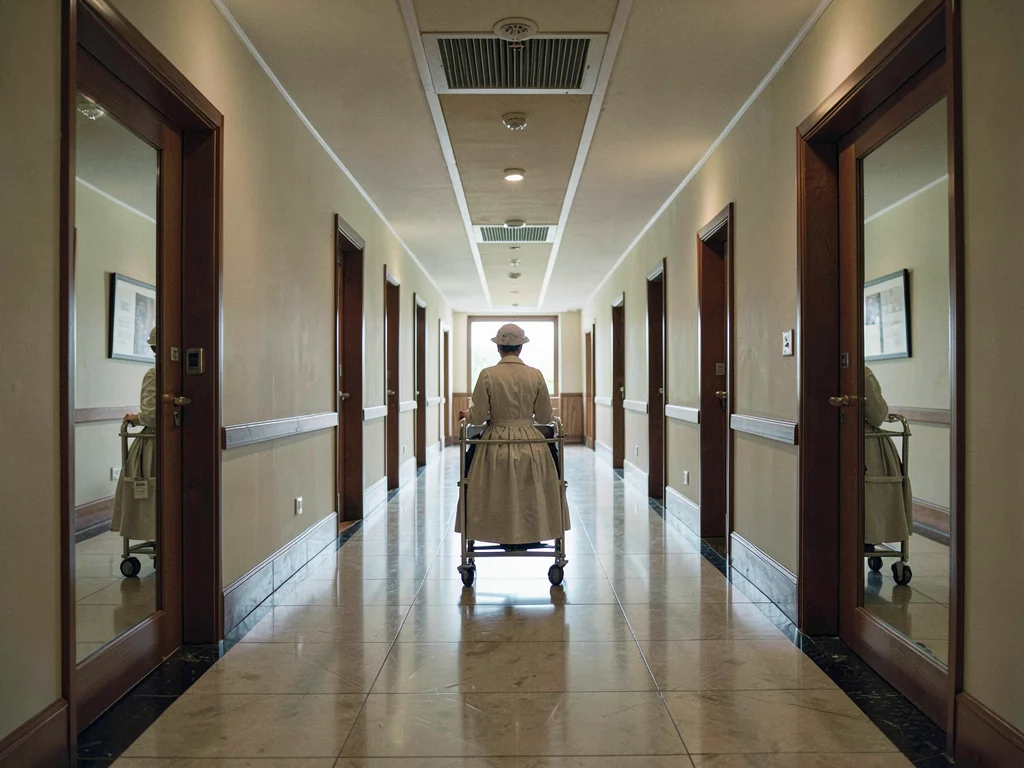 Hotel hallway infinite in both directions, maid cart precisely between two doors