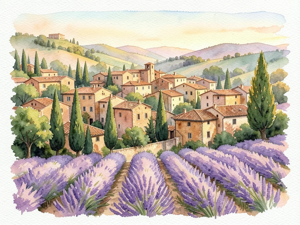 A Tuscan hillside village at golden hour, terracotta roofs in raw sienna, cypres