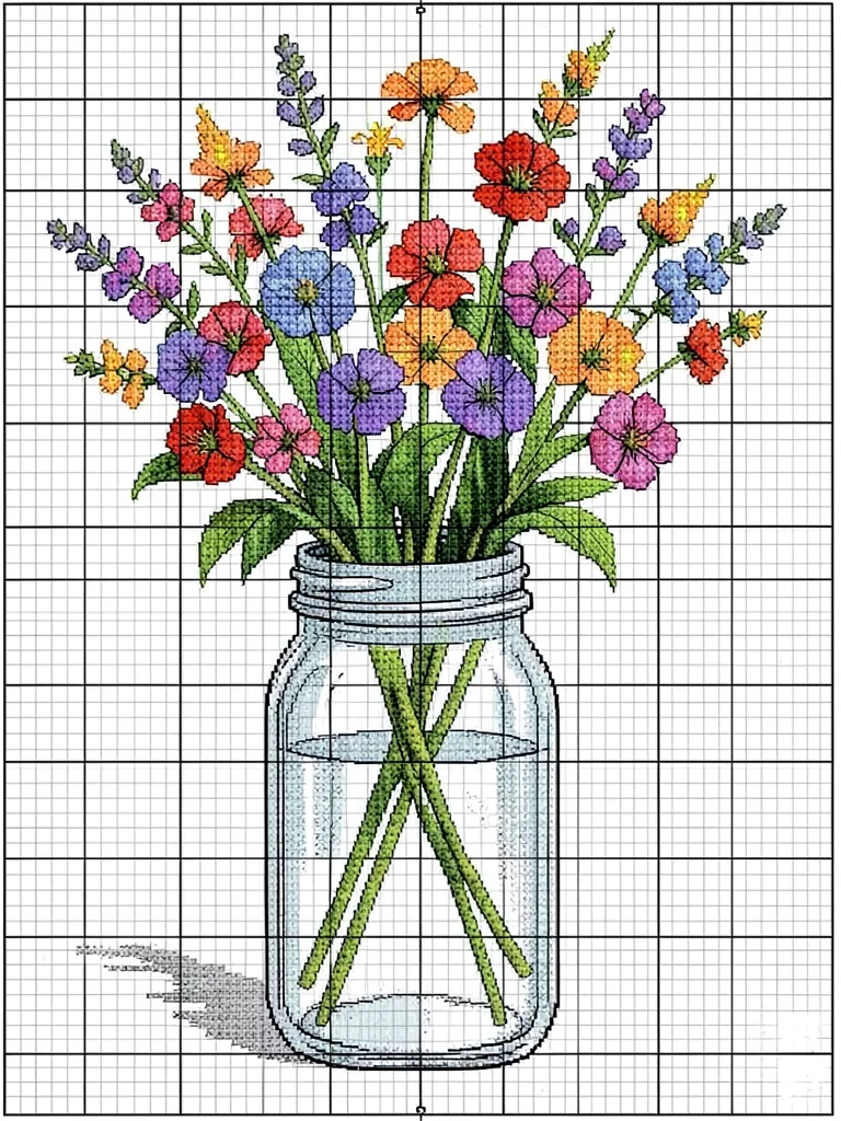 Cross-stitch wildflower bouquet