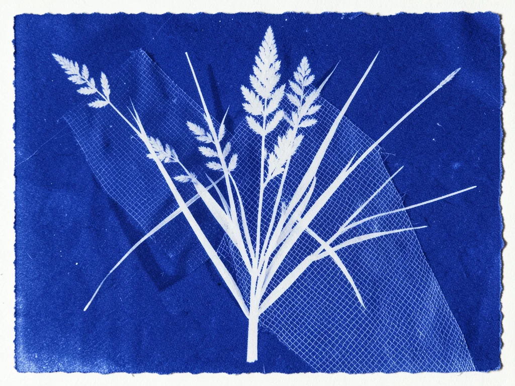 Double-exposed cyanotype, grasses overlaid with mesh fabric, two textures combin