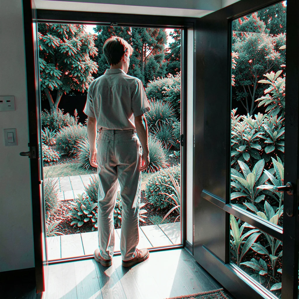 Anaglyphic stereo 3D photograph, Person standing in doorway looking out to garde