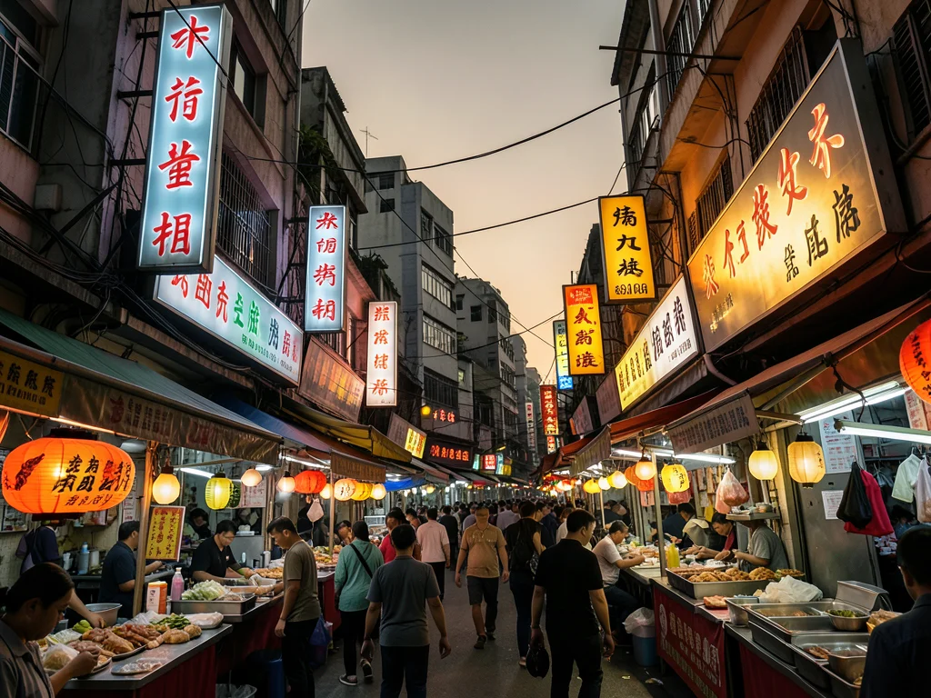 Bustling Asian night market with neon signs and food stalls