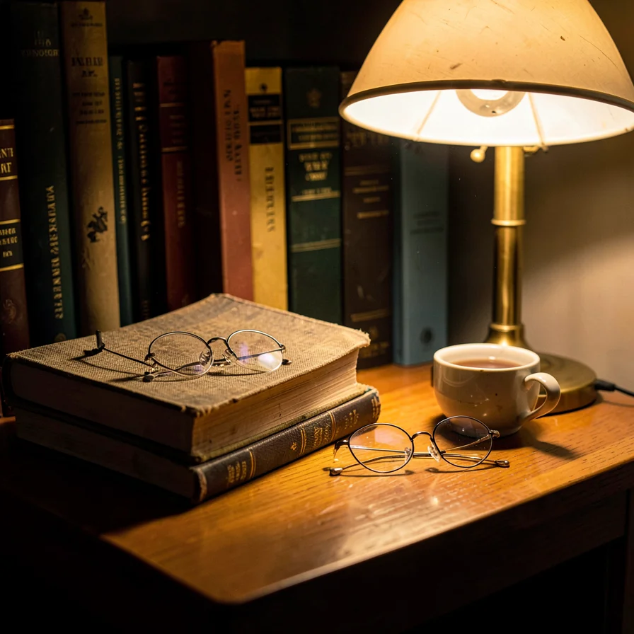 Wire reading glasses on closed novel in lamp light