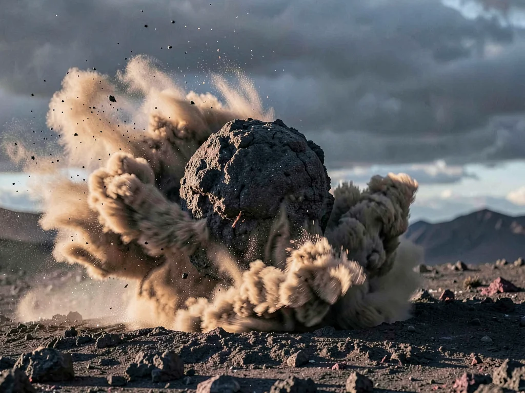 Volcanic bomb showing rotation in flight