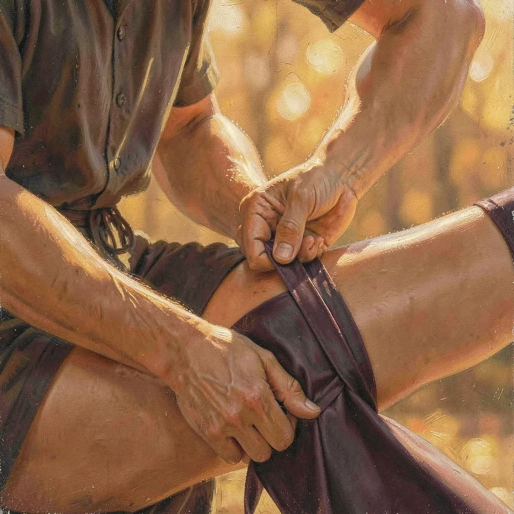 Warm vertical of a model fastening a silk stocking at the thigh band, golden hou