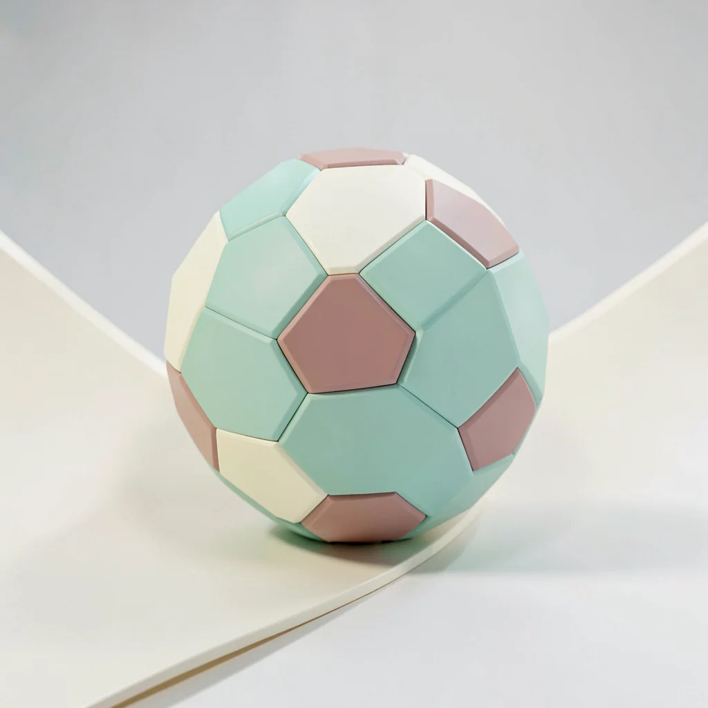 Patterned mint-green lowpoly soccer ball with chunky cream pentagon facets and d