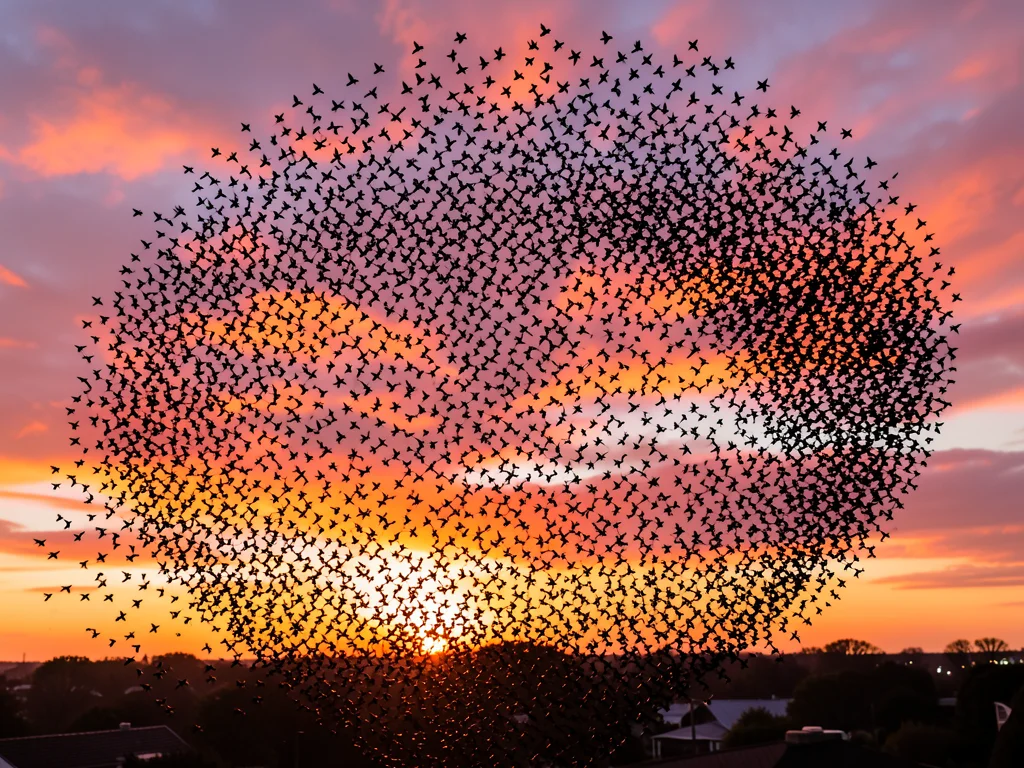 Drone swarm forming murmuration pattern like starlings, sunset, thousands of uni