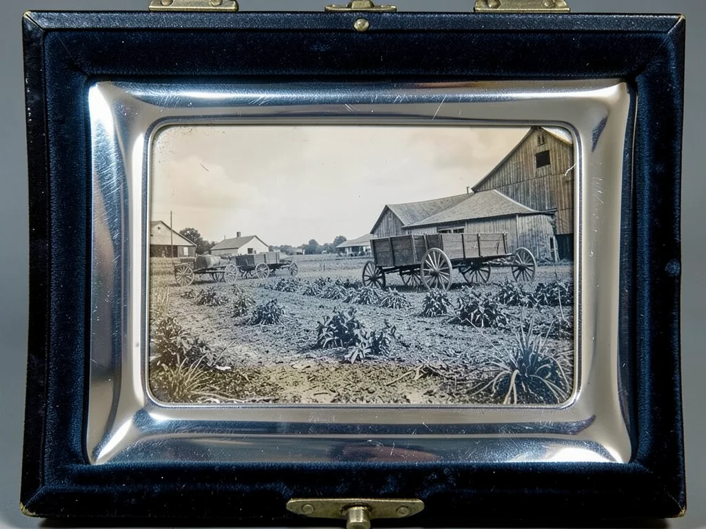 Antiqued photograph of farm harvest scene, wagons and barns, Americana feel