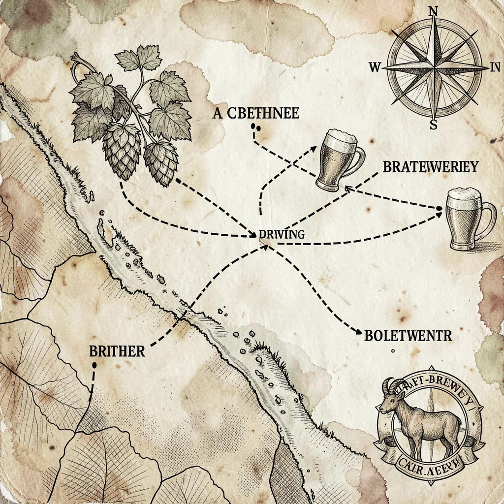 A regional craft-brewery tour map with named breweries connected by dashed drivi