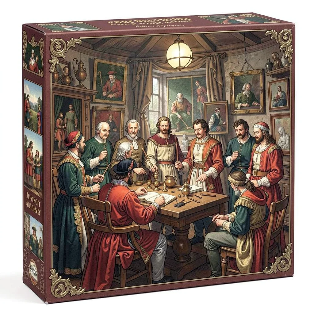 Board game box illustration, a Renaissance art studio with painters, sculptors, 