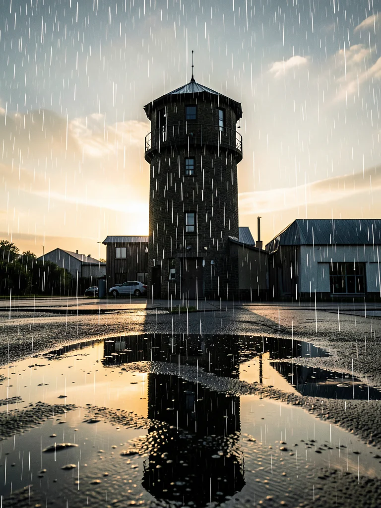 Water tower silhouette merged with rain falling on puddles, double exposure