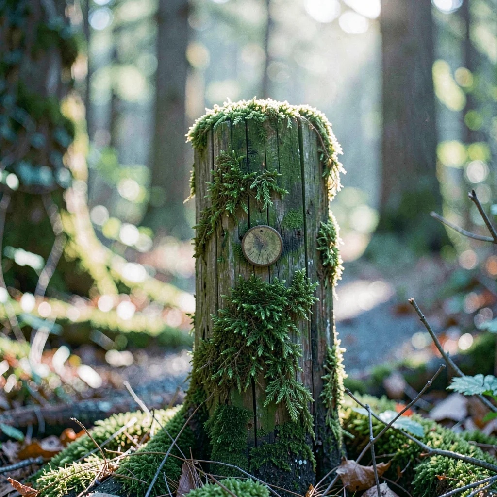 Moss-covered wooden post in slow forest light, faint blue ground shadow