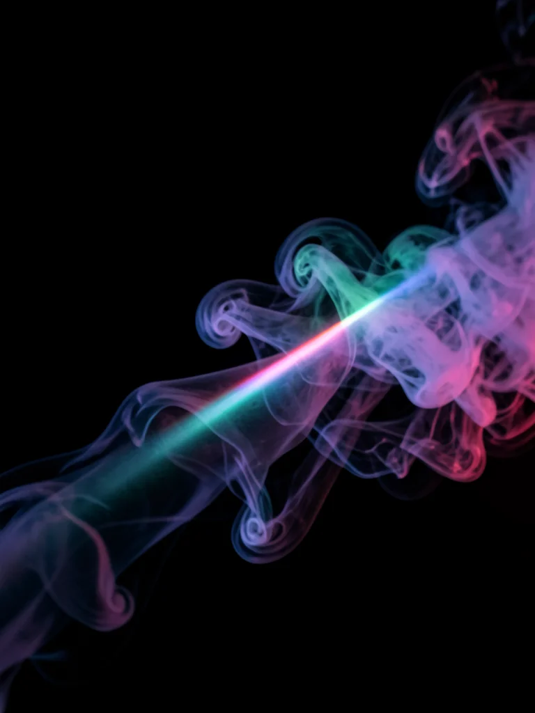 Smoke passing through a beam of colored light, the laser-like beam visible withi