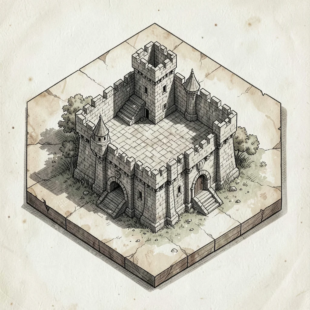 Top-down isometric tile of a fortified keep on a hex base, parchment shading and