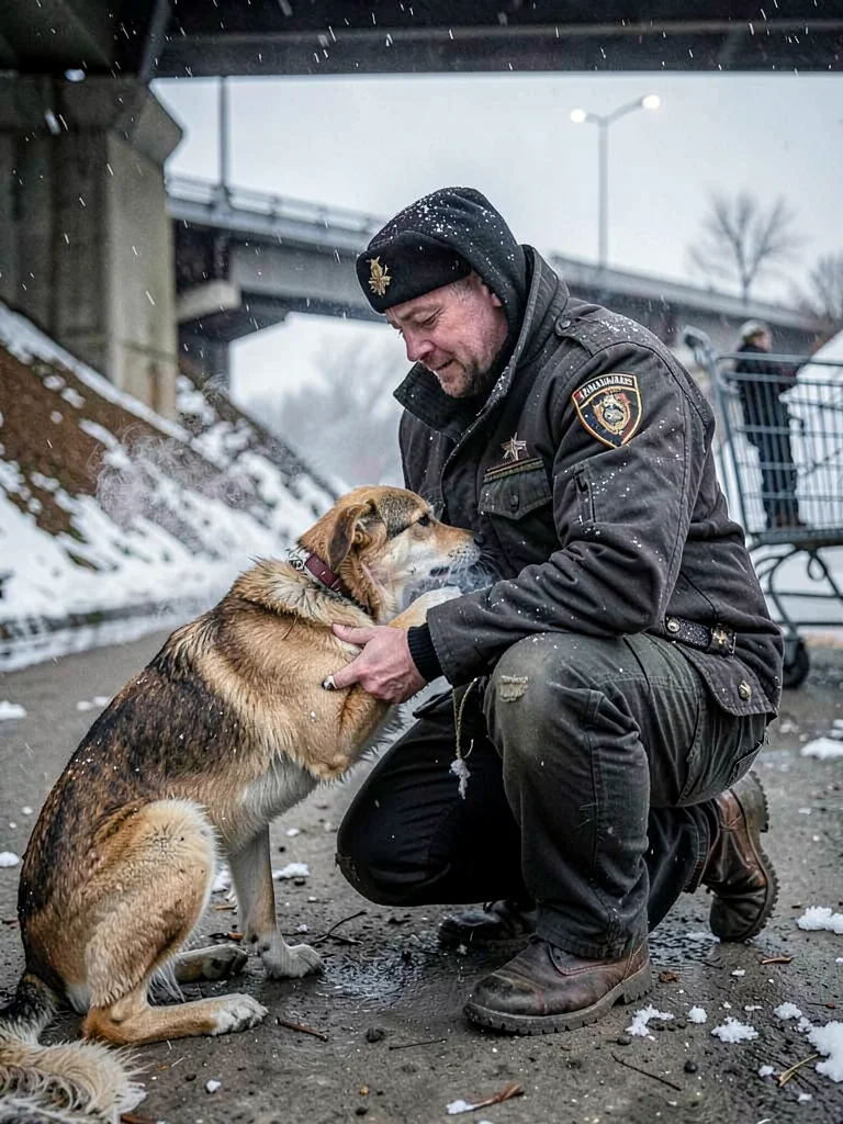 Homeless veteran's dog pressing against him for warmth under a bridge, breath vi