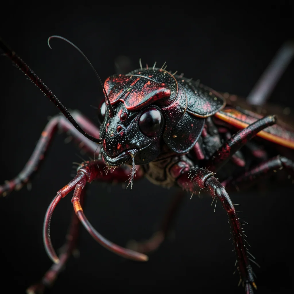 An assassin bug in metallic black and red, its curved rostrum visible, the armor