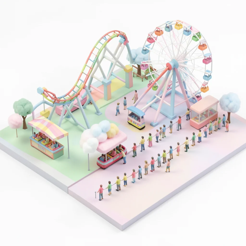 A tiny amusement park: roller coaster, ferris wheel, bumper cars, cotton candy s